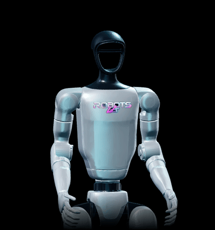 Robots LA branded humanoid robot waving and giving a thumbs-up